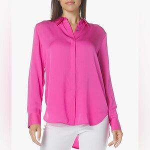 Womens Theory Sunaya silk blouse petite carnation pink long sleeve top RTP $275